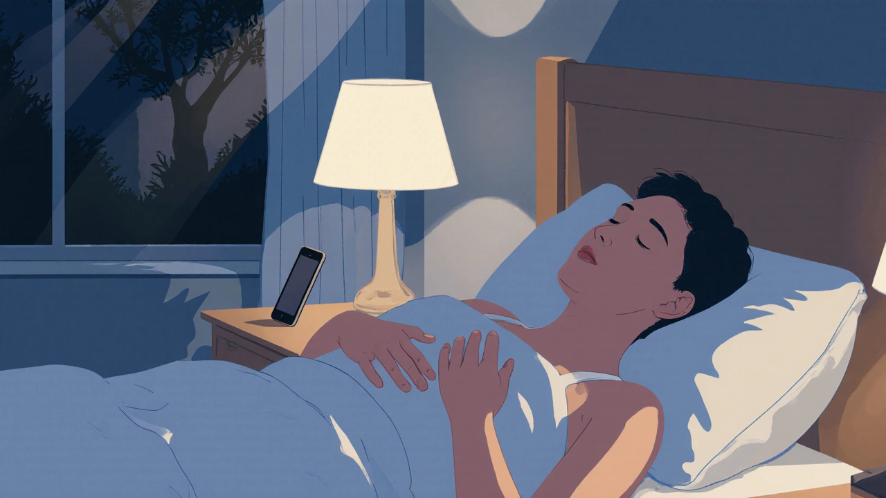 Individual breathing deeply in bed at night, phone face down, calm and still.