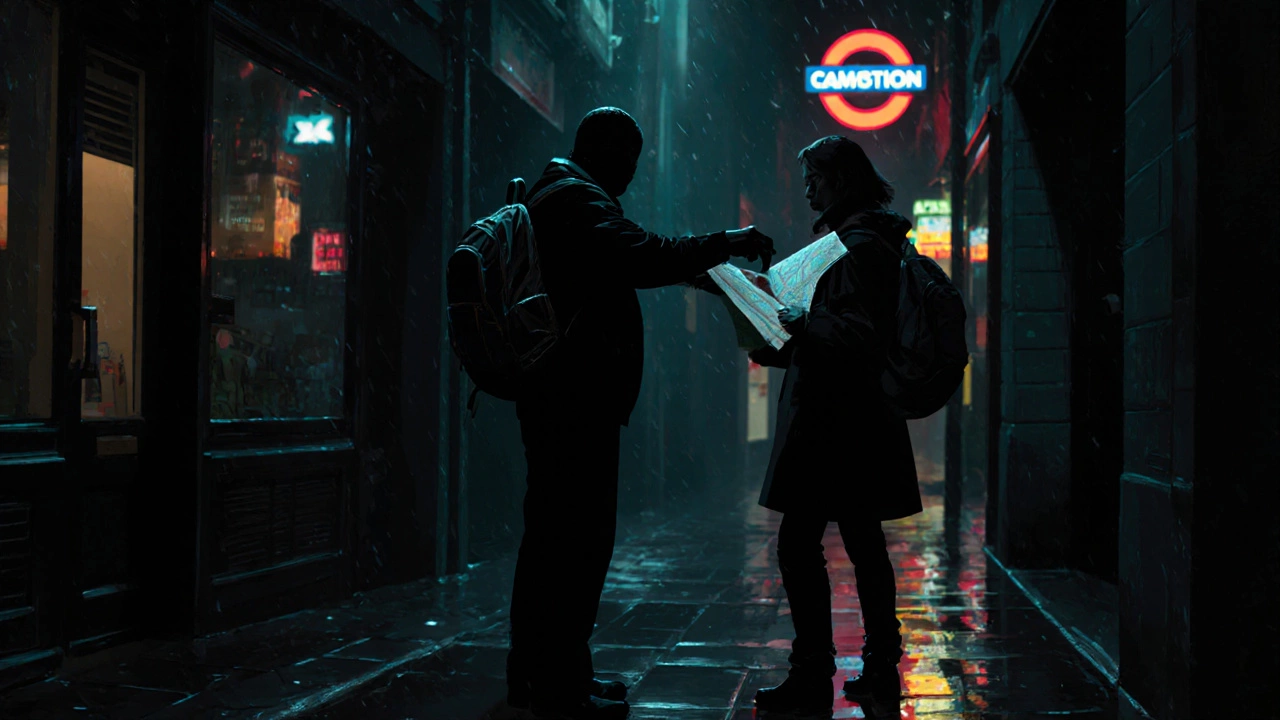 Shadowy pickpocket targeting a distracted tourist with backpack on back in Camden.