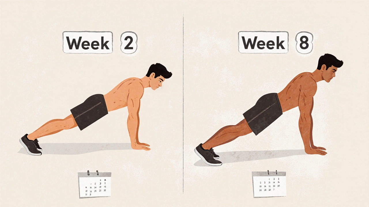 Side-by-side comparison of someone improving from weak push-up to strong push-up over weeks.
