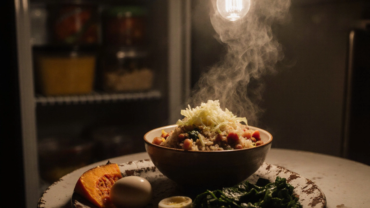 Simple meal of rice, beans, cabbage, pumpkin, and egg on a plate, with frozen soup containers visible in the background.