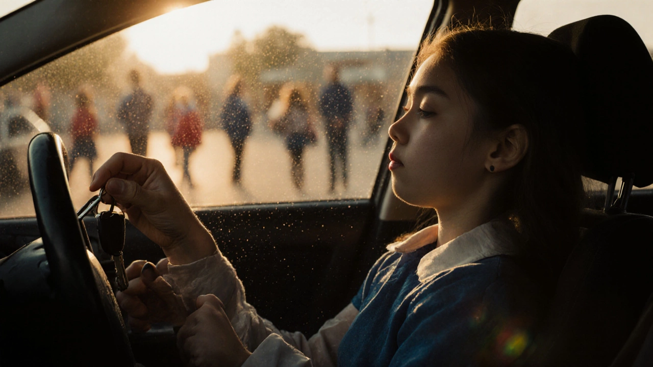 Someone pausing for a quiet breath in a parked car outside a school.
