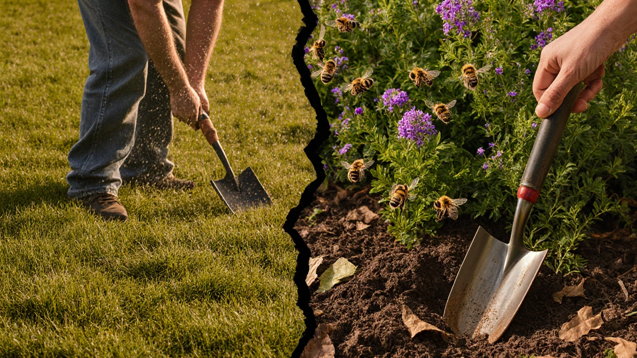 Split image: one side shows a tired gardener with a lawn, the other a vibrant native garden with mulch and bees, symbolizing low-effort growth.