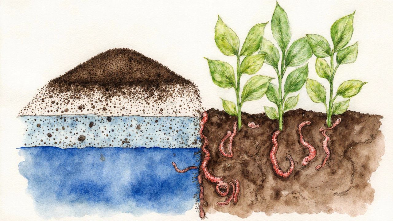 Split soil image: unhealthy compacted grounds vs. healthy composted grounds with worms.