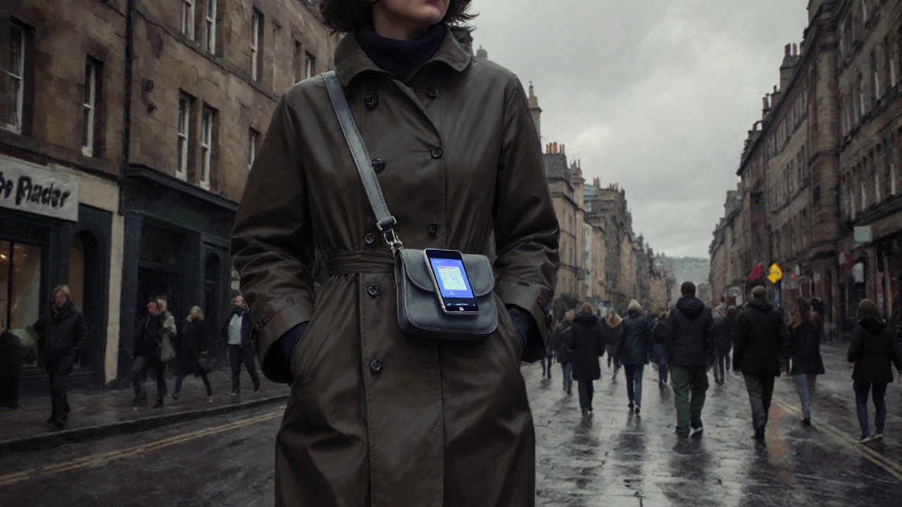 Traveler blending in with locals in Edinburgh, wearing waterproof coat and carrying secure bag.