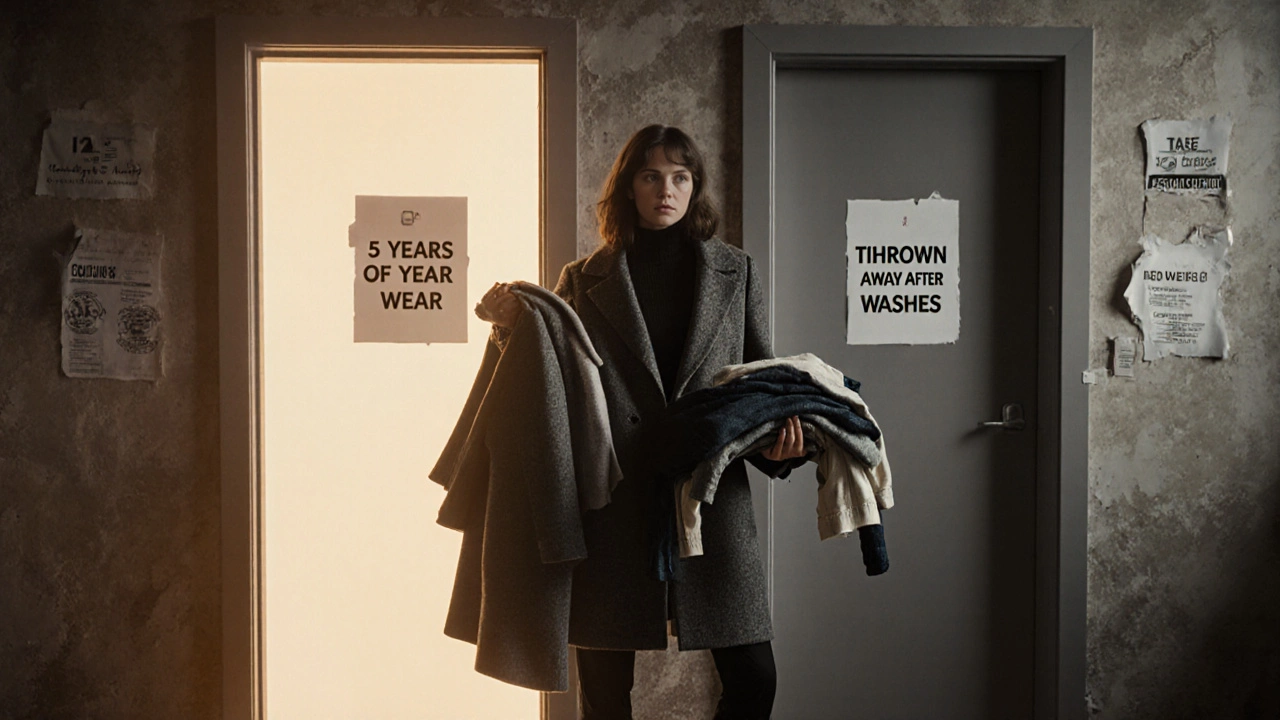 Woman holding durable coat vs. pile of fast fashion, standing between two symbolic doors.
