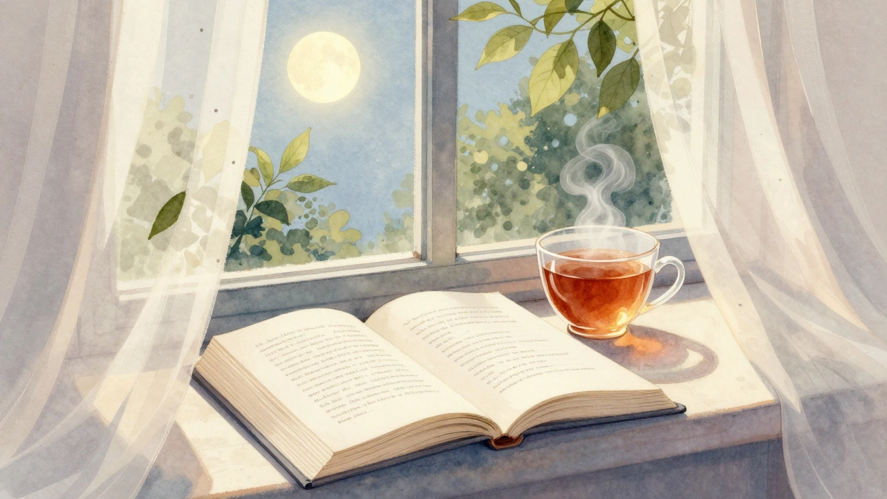 A book open by a moonlit window with tea and rustling leaves, evoking quiet calm.