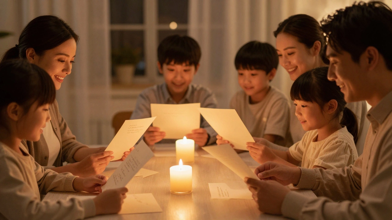 A family sharing heartfelt letters at a candlelit dinner table, no physical gifts present, only emotional connection.