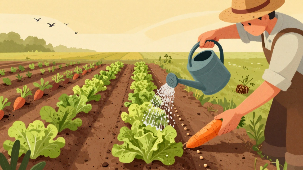 A gardener watering rows of carrots and lettuce with a watering can in golden hour.