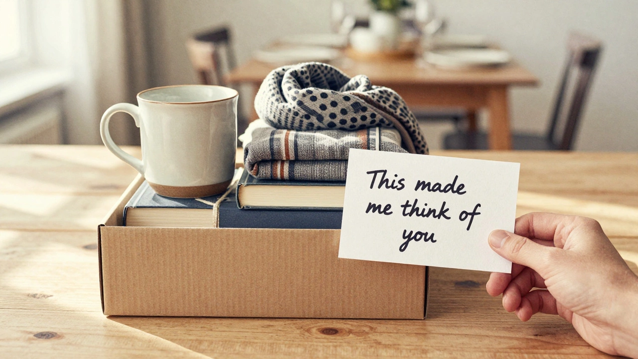 A handwritten note beside a box of unused gifts ready to be passed on, illuminated by morning sunlight.