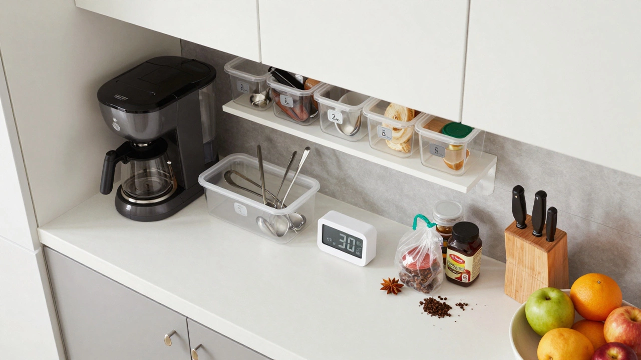 A minimalist kitchen counter with only daily-use items out, labeled storage bins visible.