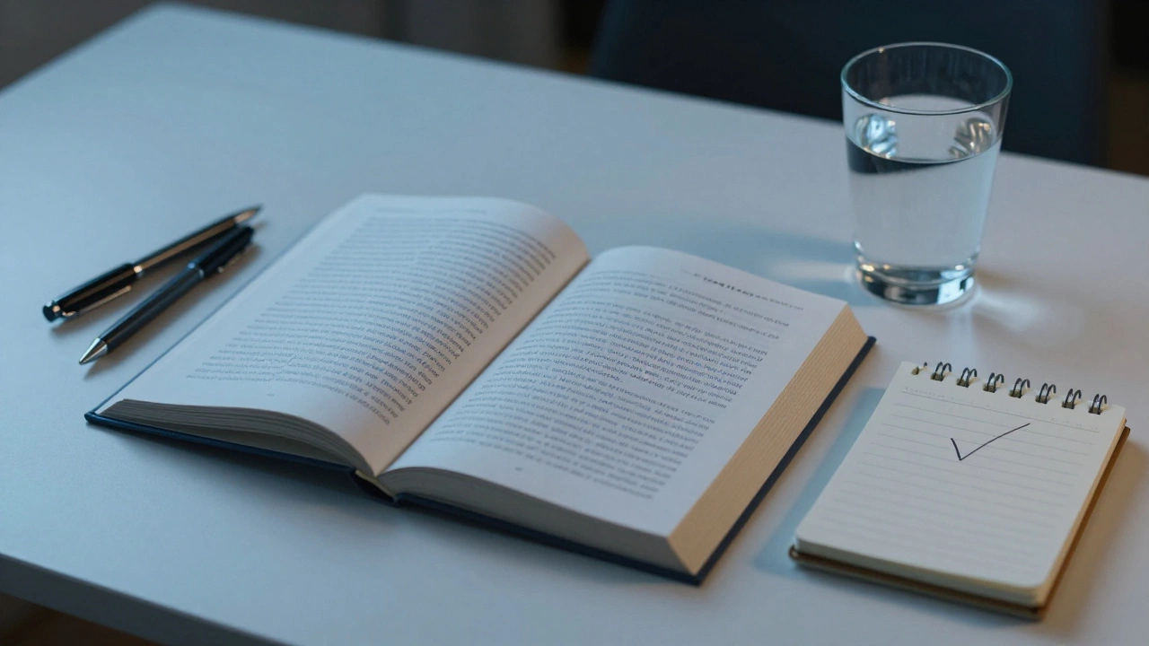 A neatly arranged desk with textbook, pens, and water glass at night.