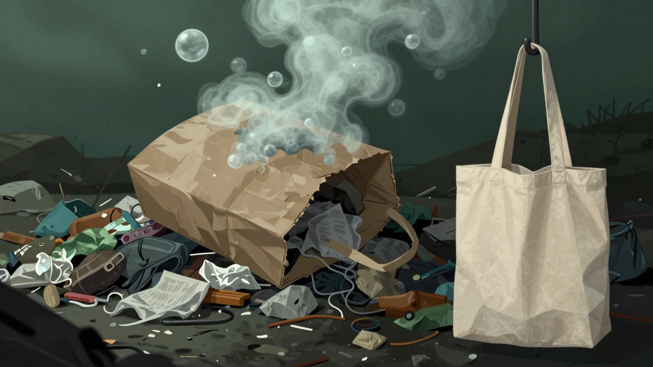A paper bag decomposing in a landfill with methane bubbles rising, while a reusable tote hangs uselessly in the foreground.