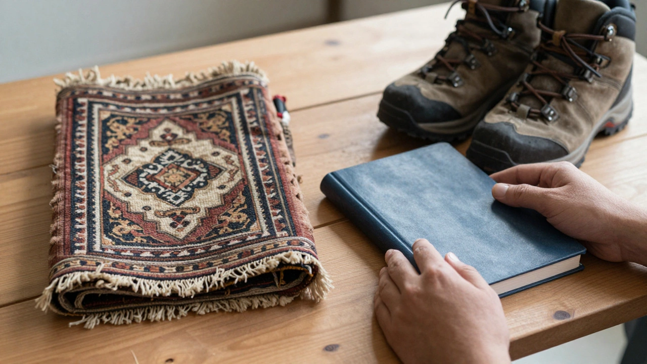 A prayer rug and journal placed side by side on a wooden table, symbols of intentional living.