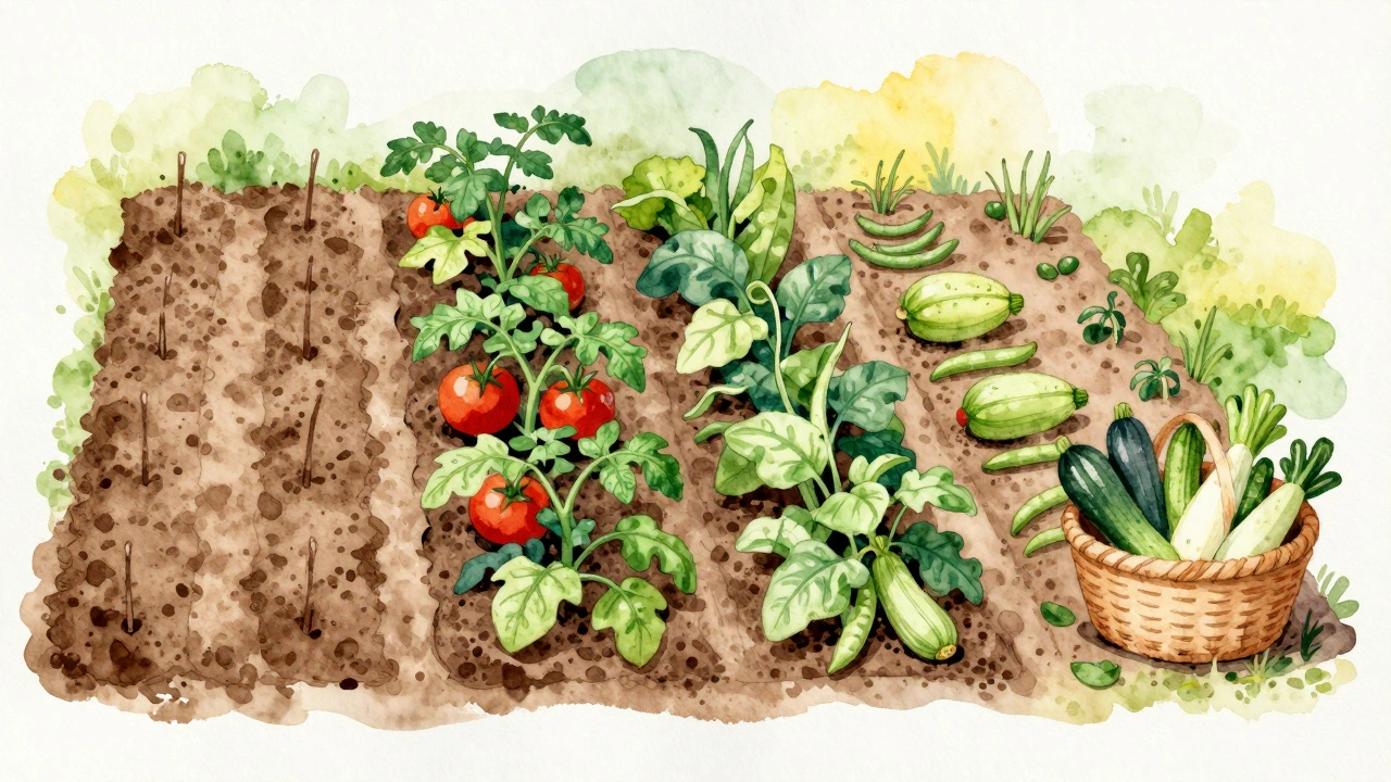 A seasonal progression of a row garden from bare soil to harvest in watercolor style.