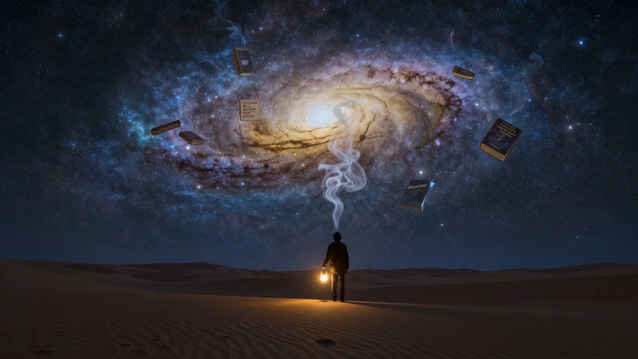 A solitary figure in a starlit desert holding a lantern, with books rising like smoke into the galaxy.