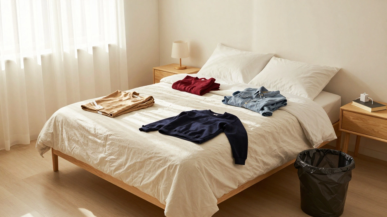 A tidy bedroom with clothes sorted into three piles on the bed and a clear floor.