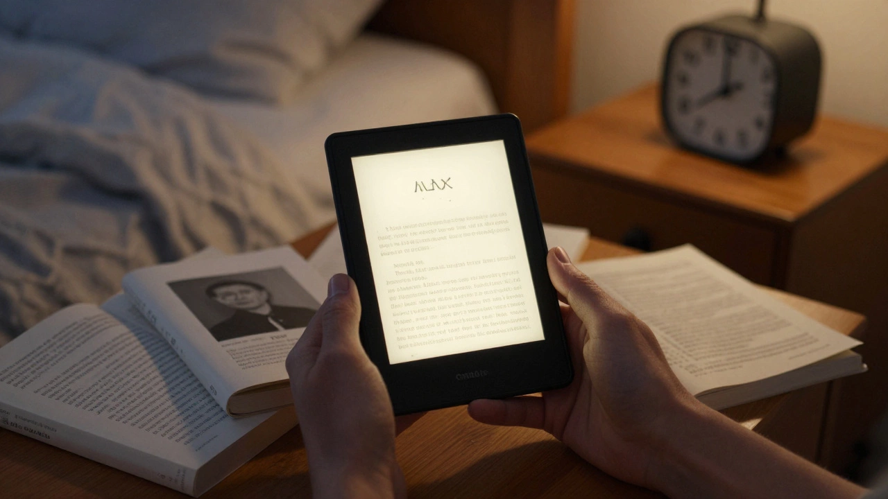 A warm-glowing e-ink Kindle on a nightstand with gentle reading material nearby.