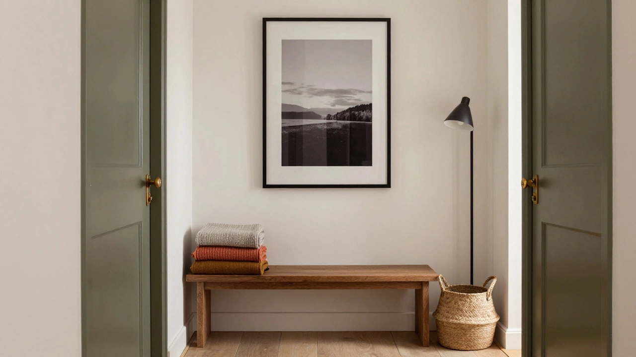 An entryway with a storage bench, single framed photo on a plain wall, and seasonal throws in a basket.