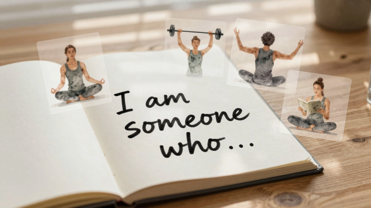 An open journal with the phrase &#039;I am someone who...&#039; and floating images of positive habits.