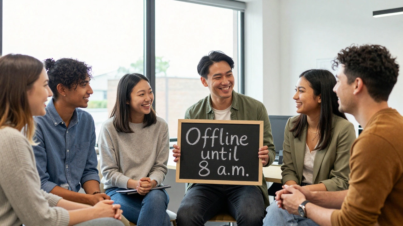 Colleagues chatting without phones, one holding a sign saying &#039;Offline until 8 a.m.&#039;
