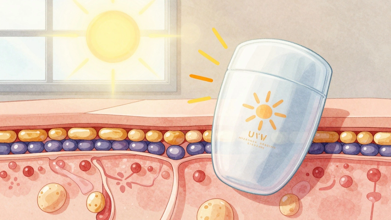 Cross-section of skin showing hydration layers protected by sunscreen from UV rays.
