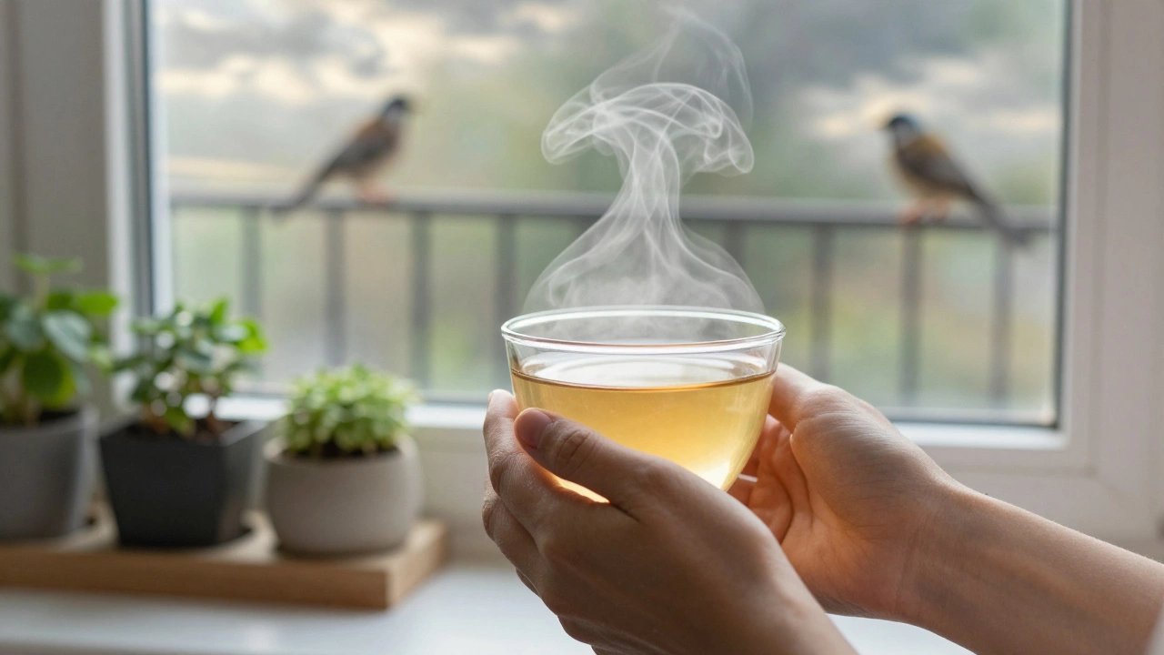 Hands holding tea beside herbs by a sunny window, quiet morning moment.