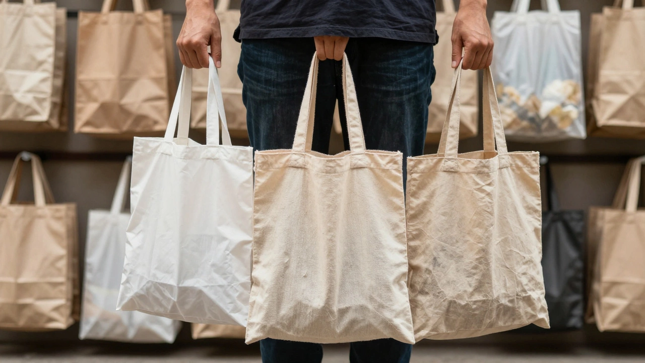 Hands holding three reusable bags—recycled polyester, hemp, and an old tote—against a blurred backdrop of discarded single-use bags.