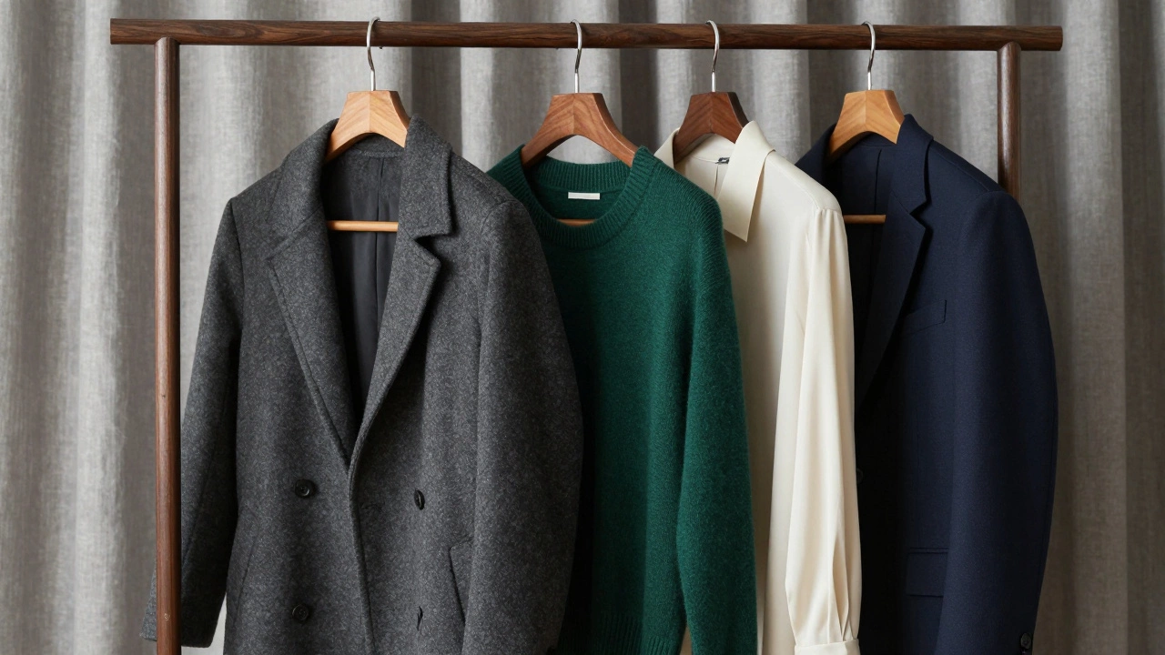 Luxury wardrobe with charcoal coat, emerald sweater, cream blouse, and navy blazer arranged in minimalist harmony.