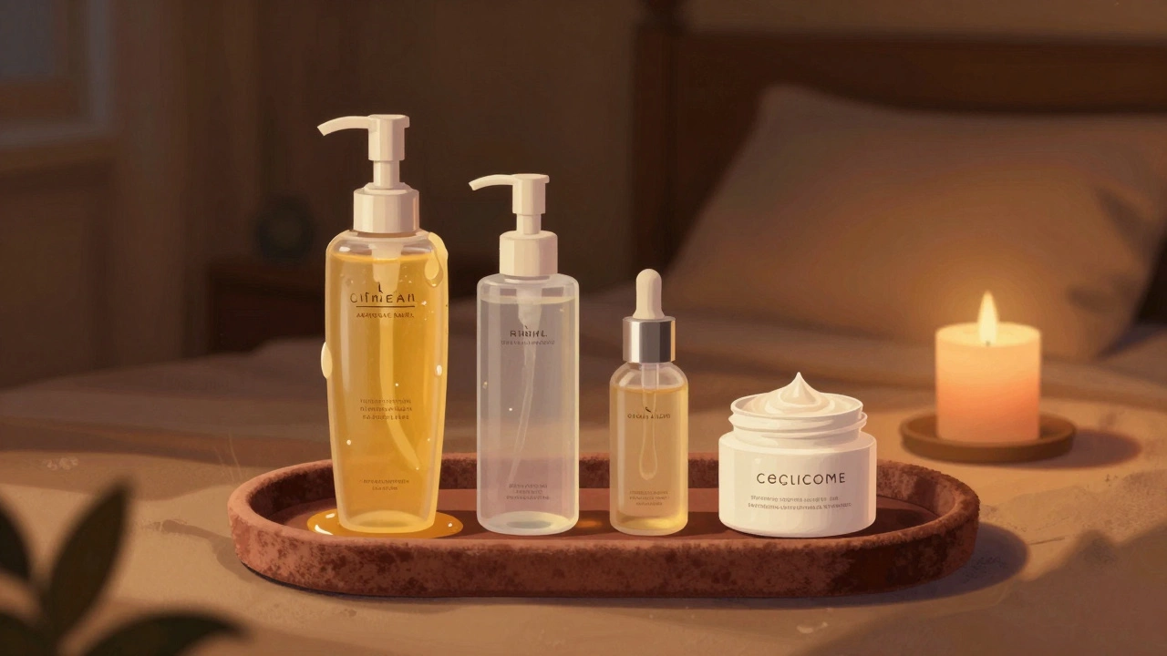 Nighttime skincare steps on a velvet tray: oil cleanser, serum, retinol, and cream under soft light.