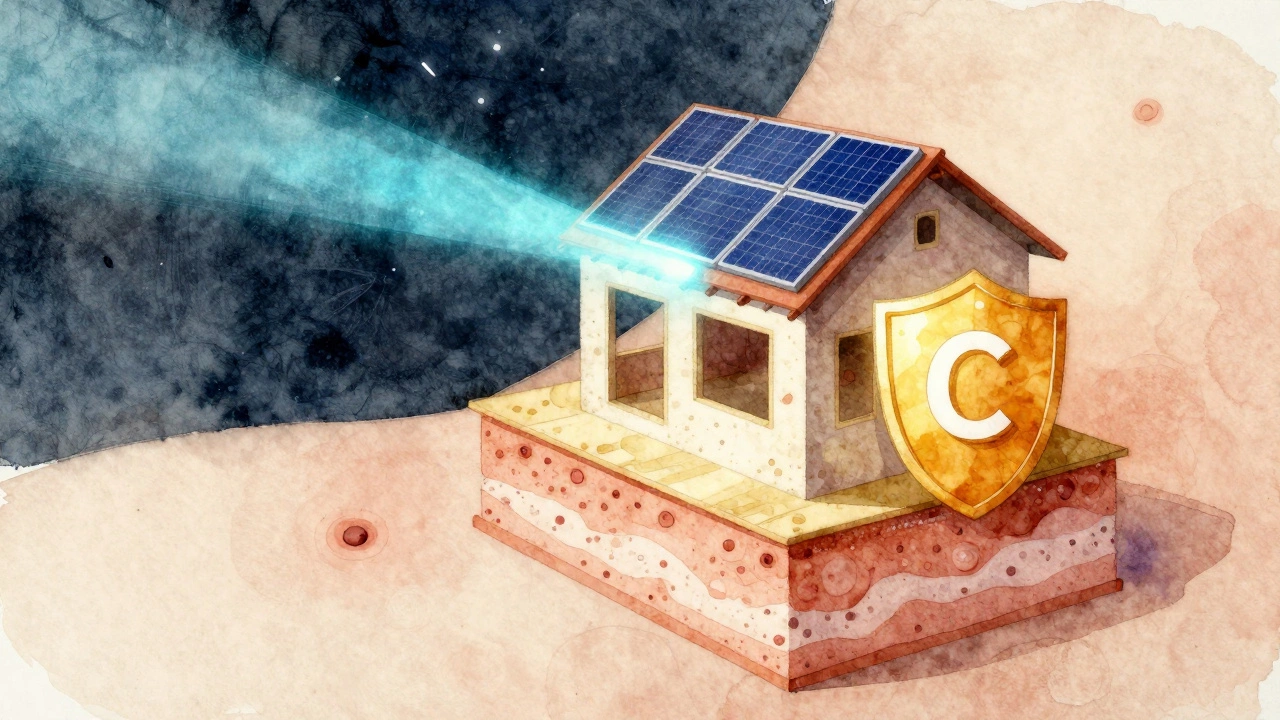 Skin as a house being built with layers, sunlight and moonlight highlighting protection and repair steps.