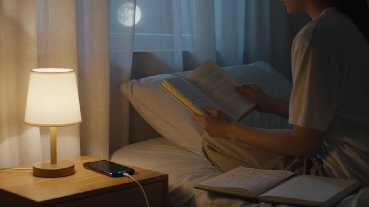 Someone reading a book in bed with phone turned off, peaceful night.