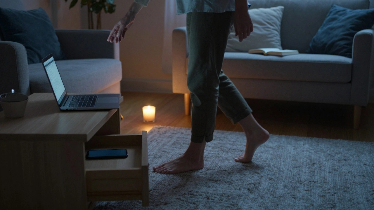 Someone turning off their laptop at night, phone in drawer, candle glowing nearby.