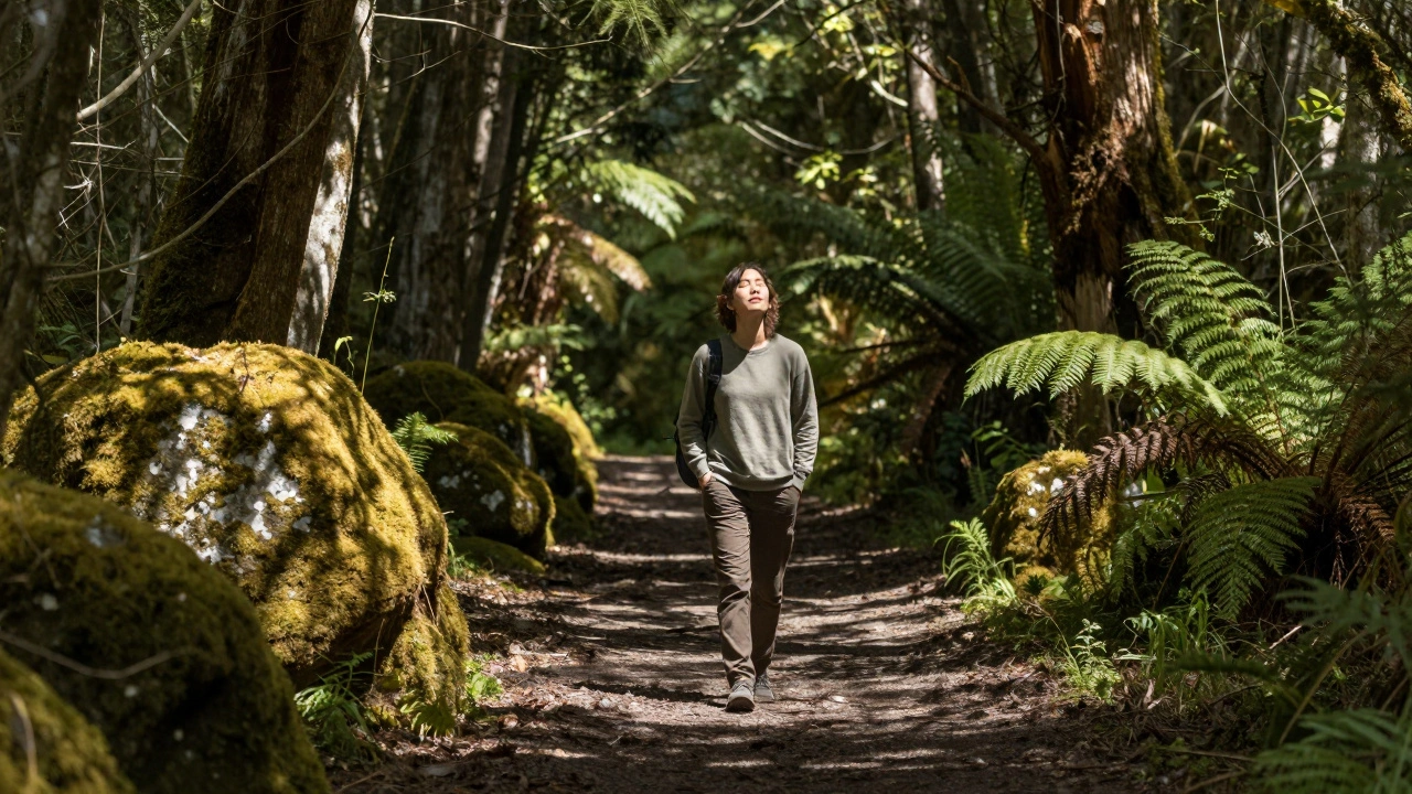 Someone walking peacefully in a forest, eyes closed, listening to birds in soft sunlight.