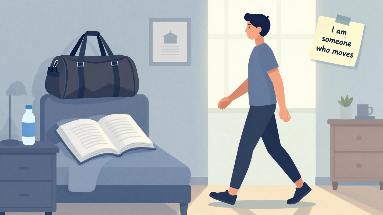 Split image showing cluttered room transforming into a person walking in morning light.