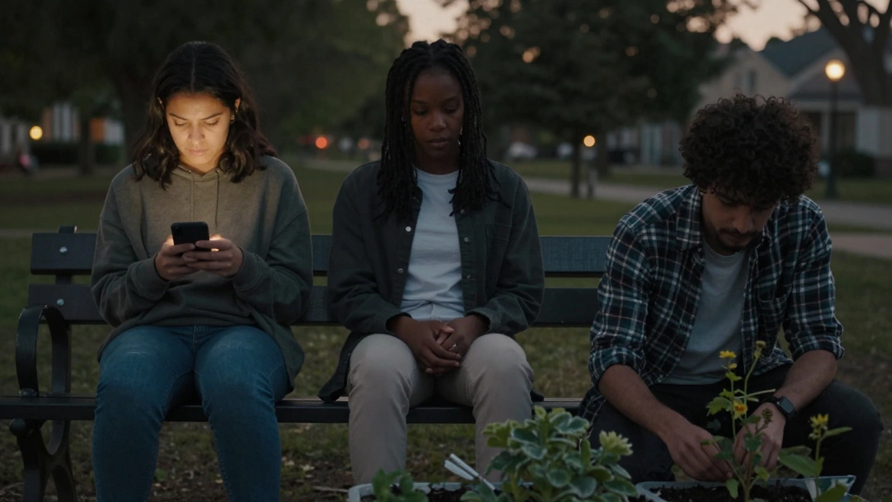 Three quiet moments of human connection: texting, sitting together, and gardening at dusk.