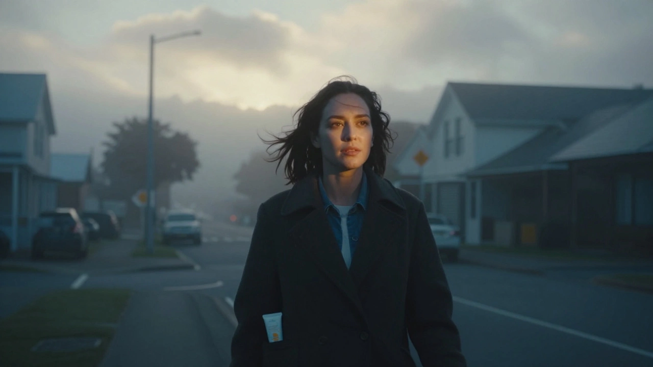 Woman walking in a misty Wellington morning, her face glowing with healthy skin.