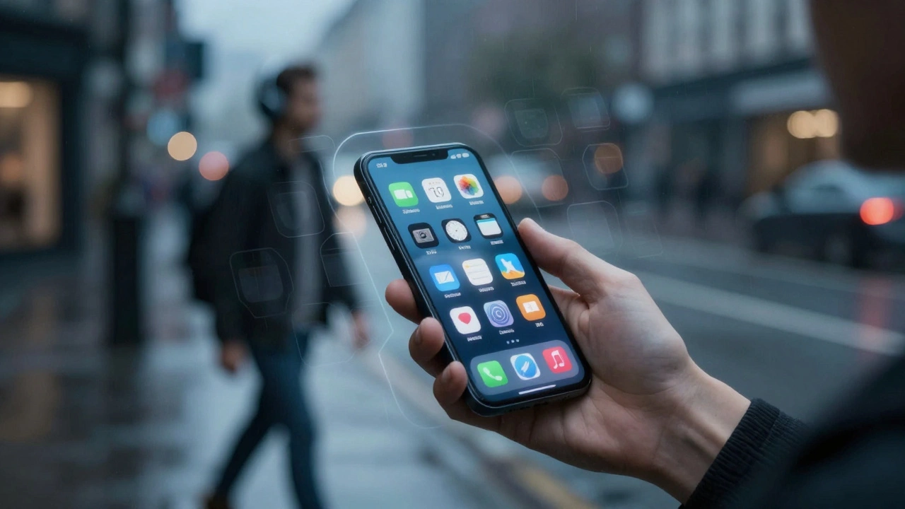 A hand deleting one app on a phone while other apps fade away, person walking peacefully in rain outside.