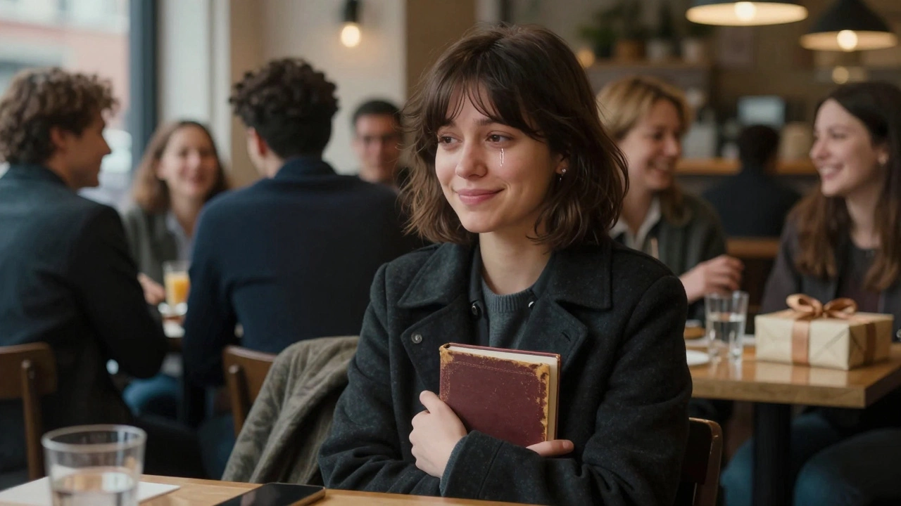 A smiling person in a crowded café with hollow eyes, hiding inner pain behind a facade.