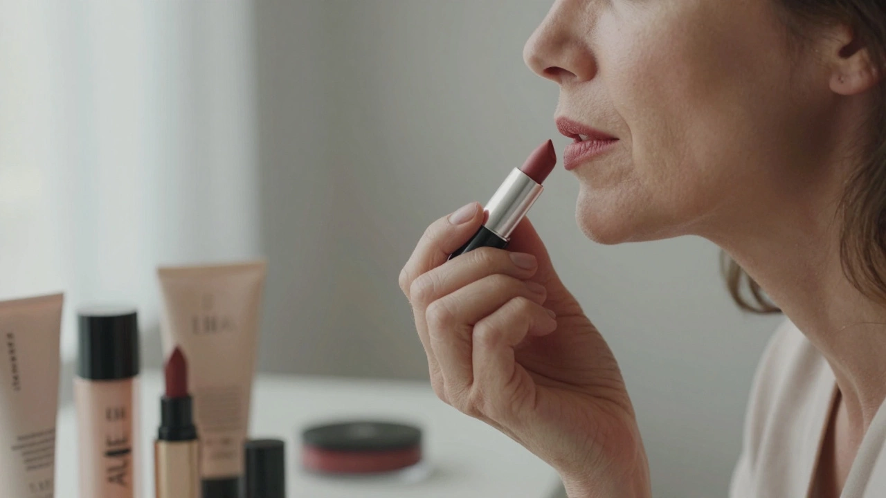 A woman applying a creamy nude lipstick in front of a mirror with clean beauty products nearby.