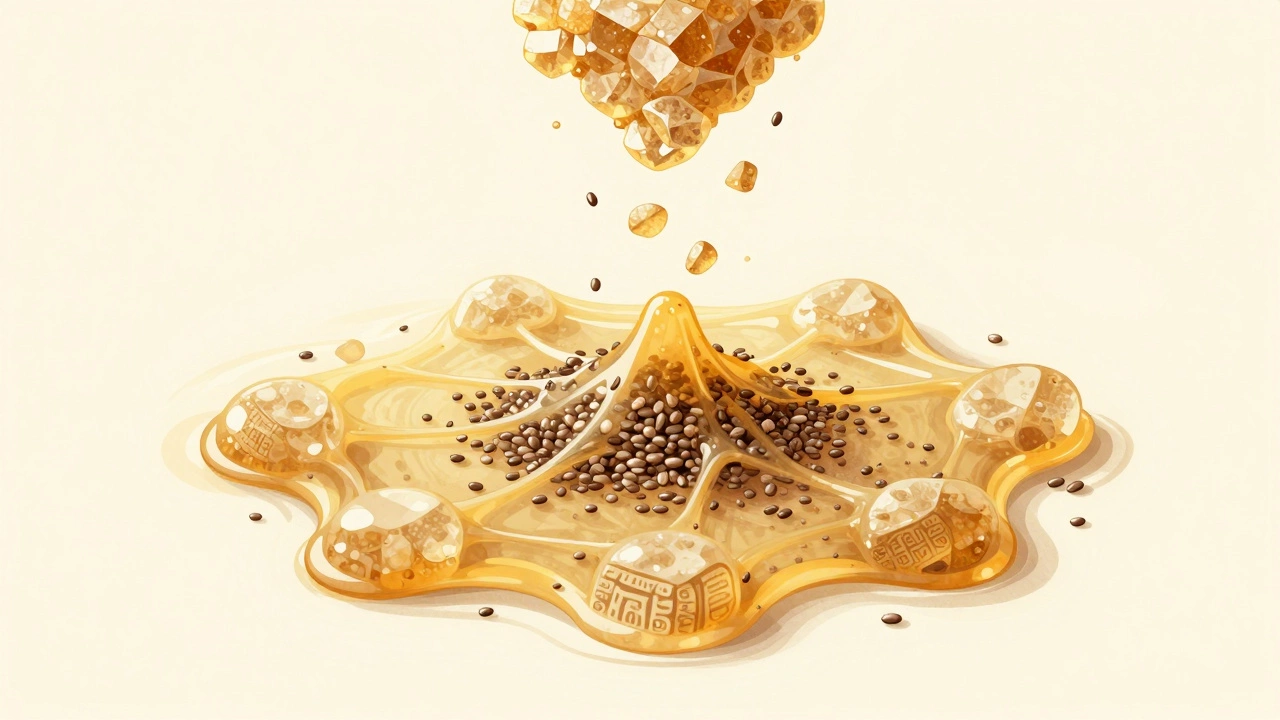 Chia seeds forming a gel web that slows falling sugar crystals, symbolizing blood sugar balance.