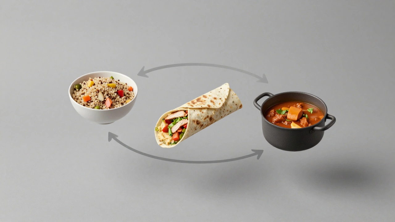 Circular arrangement of meal prep components: bowl, wrap, and stew, forming a flexible weekly rotation.