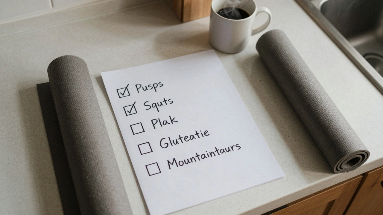 Daily workout checklist on counter with yoga mat and coffee mug, morning light.