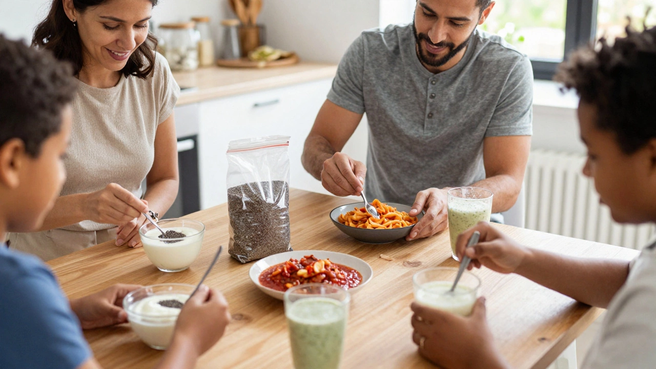 Diverse people adding chia seeds to yogurt, pasta sauce, and smoothie in a cozy kitchen.