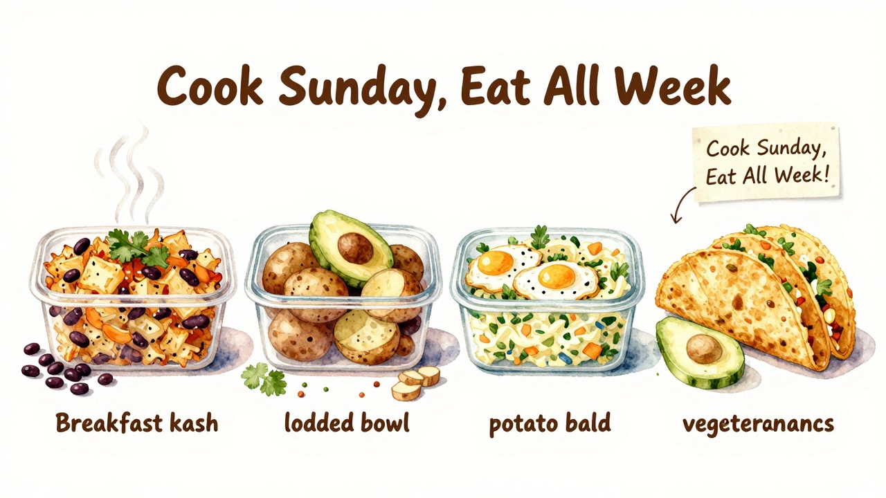 Four meal prep containers with potato dishes like hash, bowl, salad, and tacos, steam rising from one, colorful ingredients spilling out.