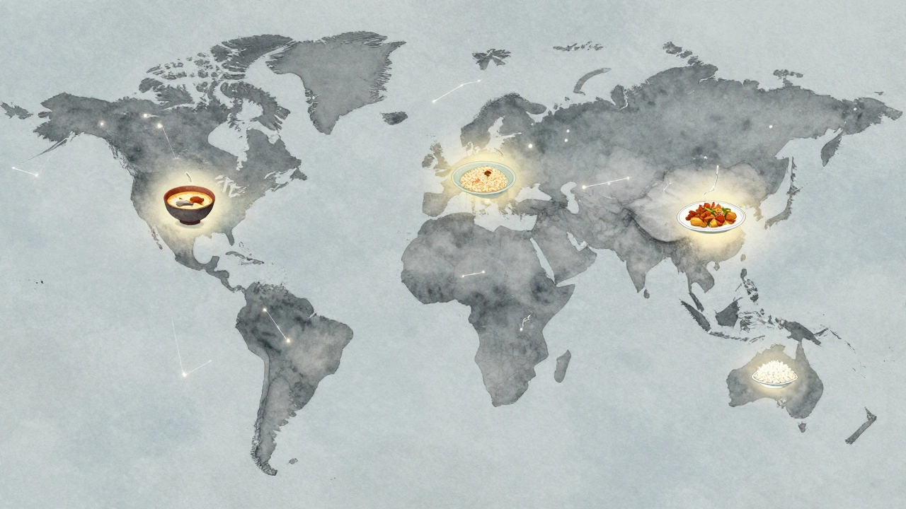 Global map with rice grains connecting cultures through shared meals.