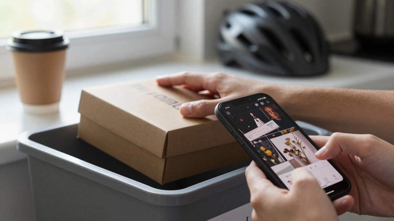 Hand placing a shoebox into a donation bin while viewing digital memories on a smartphone in soft morning light.