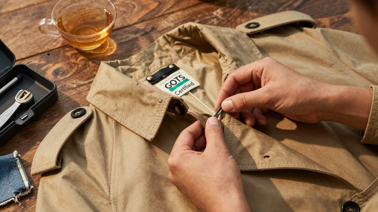 Hands repairing a trench coat with visible stitching, beside tools and a certified fabric label on a wooden table.
