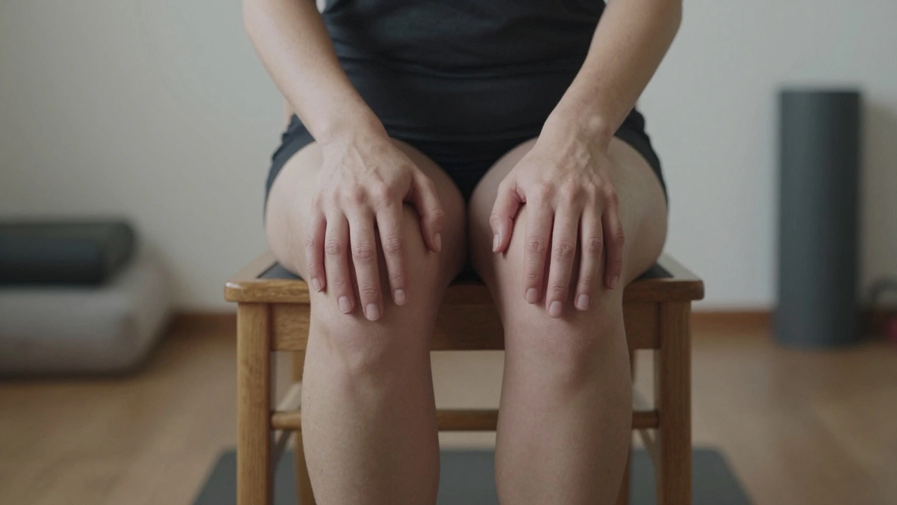 Hands resting on thighs while seated upright in a chair during meditation.