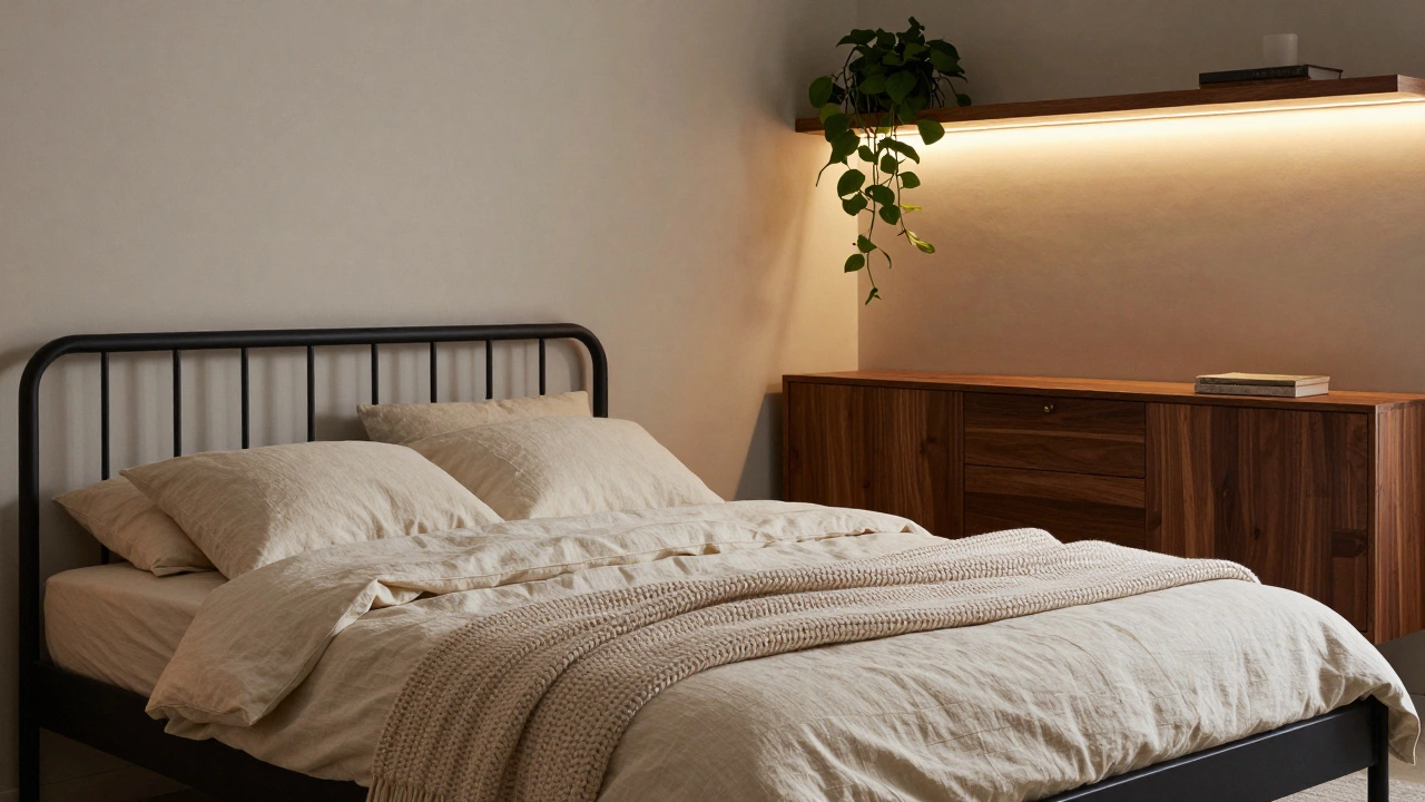 Matte black bed frame with cream linens and a knit throw in a serene bedroom, warm lighting highlighting dark wood sideboard.