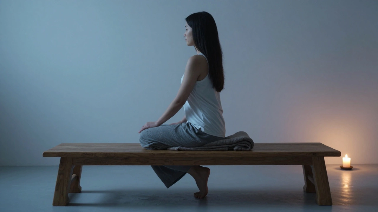 Meditator sitting on a bench with knees apart and shins on the floor.